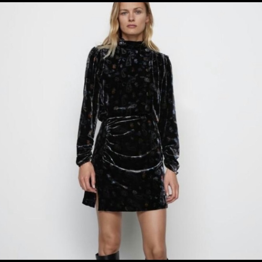 ZARA Black Paisley Print Velvet Ruched Detail Dress NWT size x small